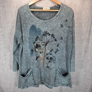 Jess & Jane Women's 3/4 Sleeve Mineral Wash Blue Dandelion Med Art Tunic Comfy